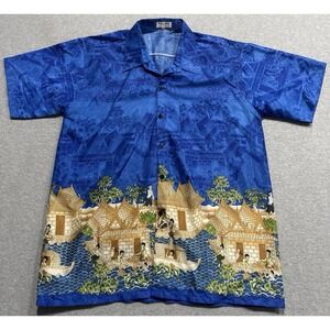 Thai Silk by Apple Mens L Large Ancient Village Dark Blue w/Pocket Button Up
